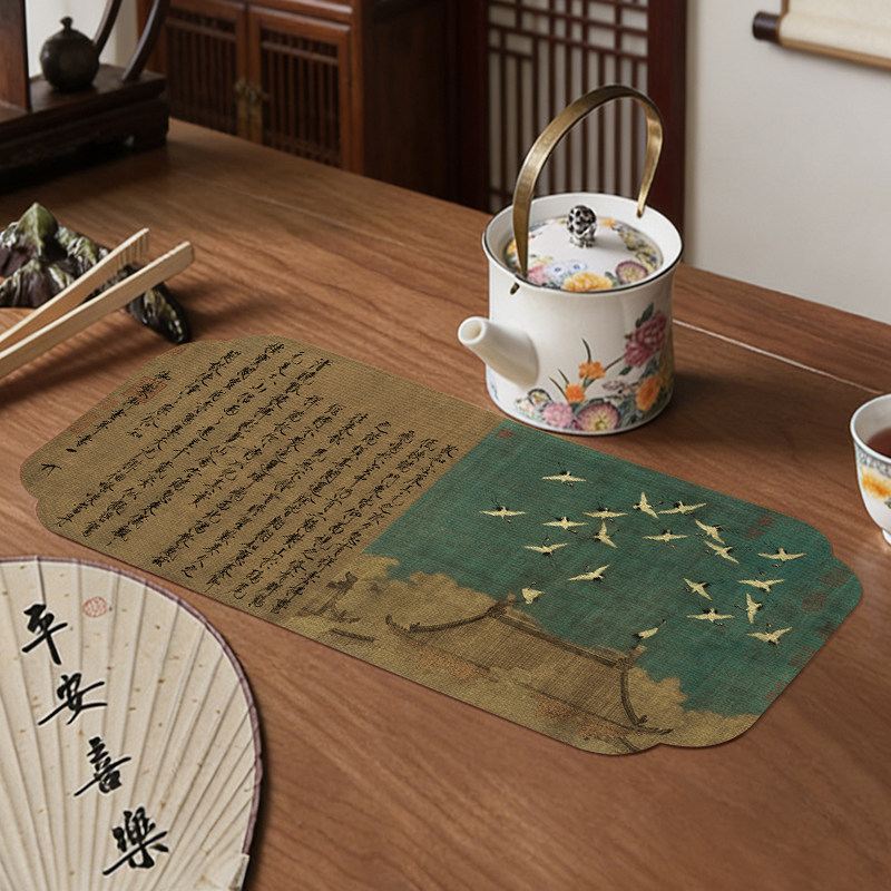 新款高端茶席桌旗茶艺古典侘寂风古画沥水布轻奢茶室办公装饰定制