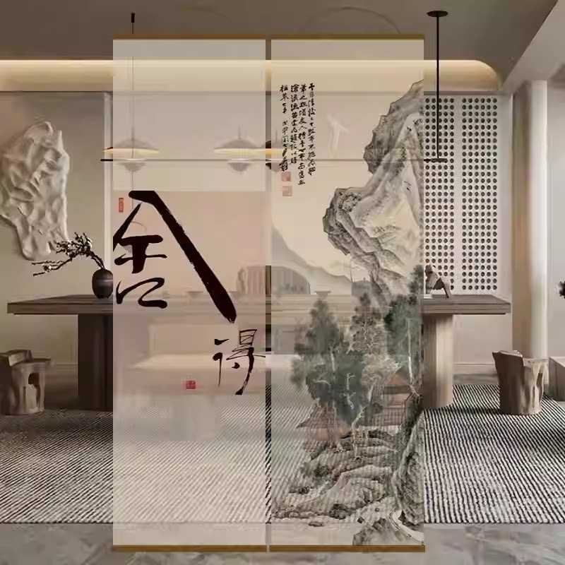 新款高档中式宋氏美学水墨竹莲花书法隔断屏风挂帘隔断办公室茶室
