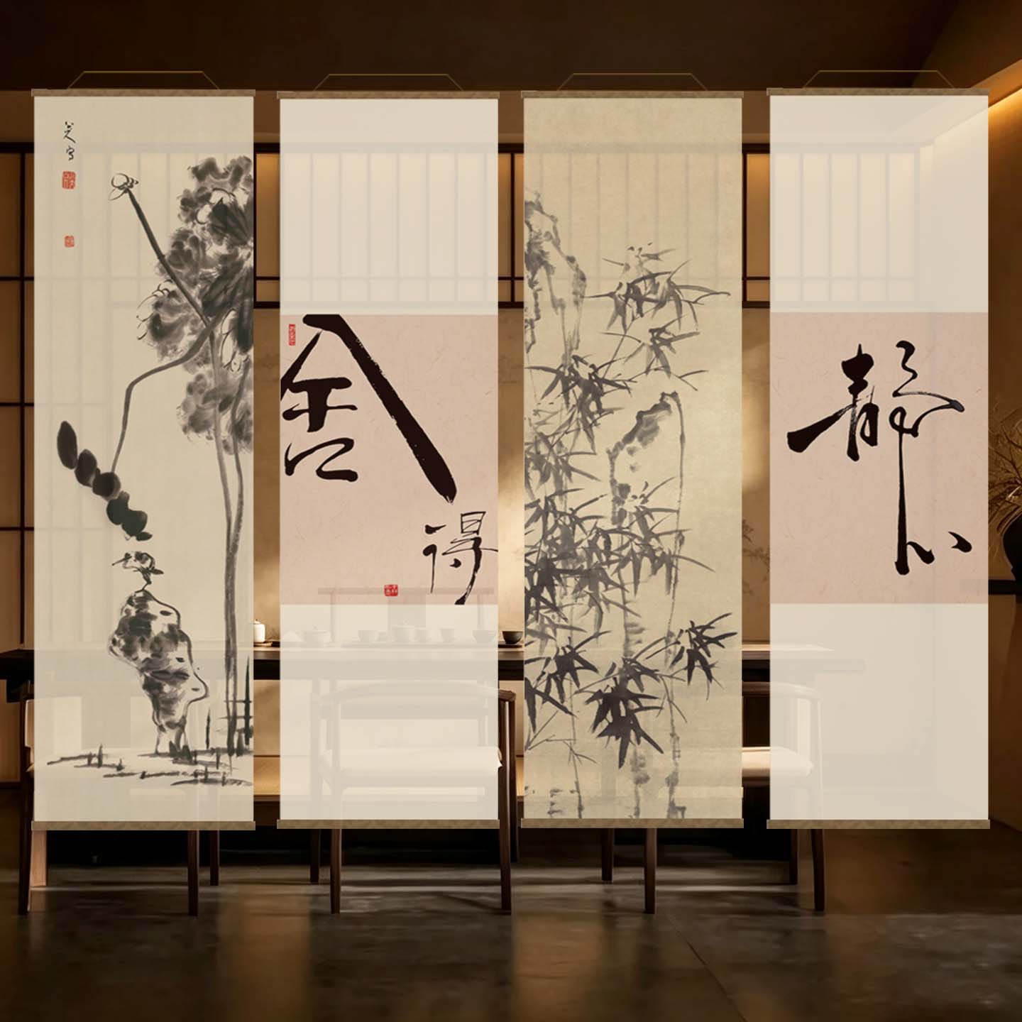 新中式水墨竹纱幔隔断屏风挂布