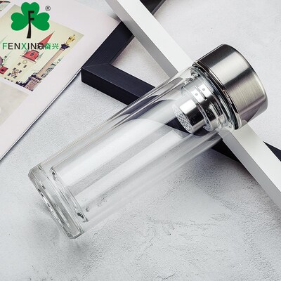 奋兴双层玻璃杯子男女士商务办公透明茶水分离泡茶杯礼品杯FX1728