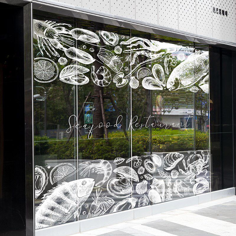 超大彩色海洋风双面手绘橱窗静电玻璃贴画海鲜店餐厅时尚装饰玻璃