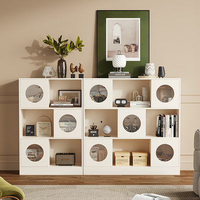 奶油风实木书柜带玻璃门组合斗柜卧室置物柜法式展示柜客厅小立柜