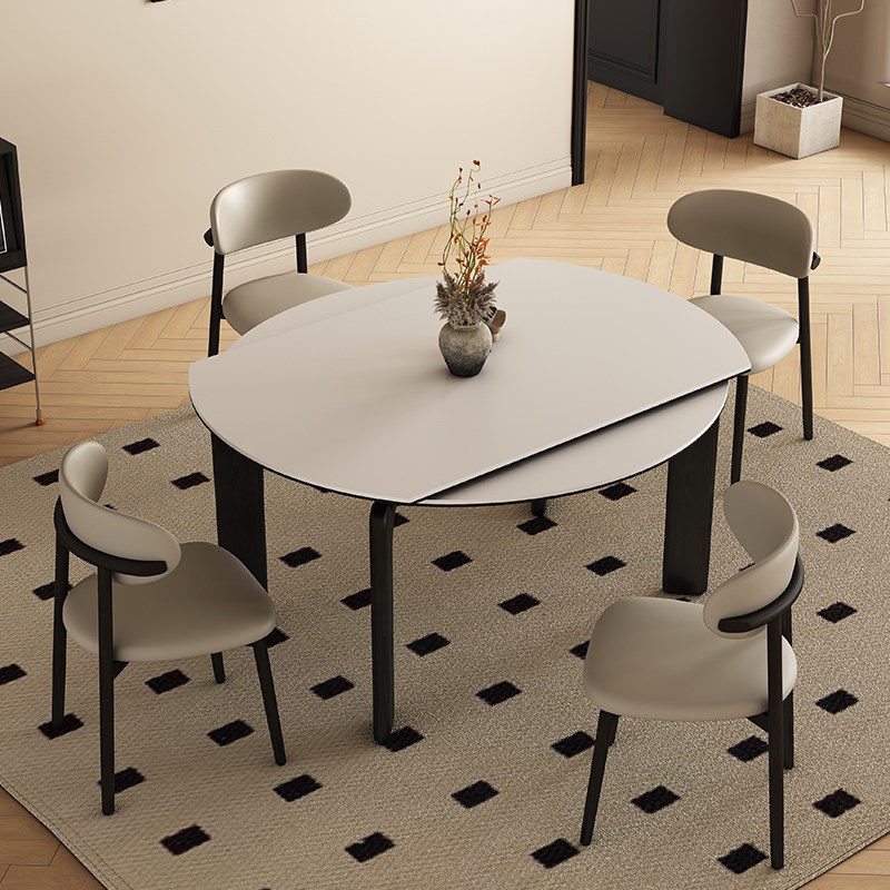 伸缩实木岩板餐桌可变圆桌家用小户型复古奶油风方圆两用折叠圆桌