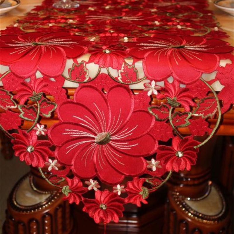欧式餐桌旗饭桌布艺茶几巾桌旗喜庆结婚刺绣盖布花大红色电视柜旗