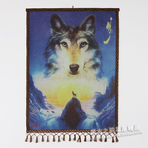 蒙古毡画皮画 内蒙古特色工艺品 草原狼王彩色毡画 狼望月毡画