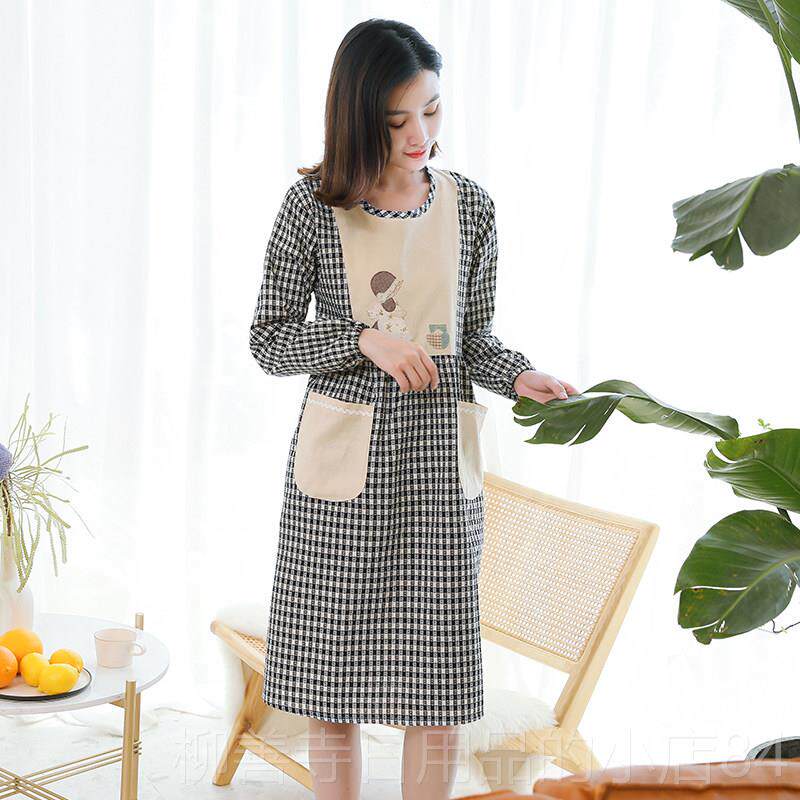 正品拉风炼围裙房可爱水的日本风格格与袖子家庭厨长袖罩衫成人延