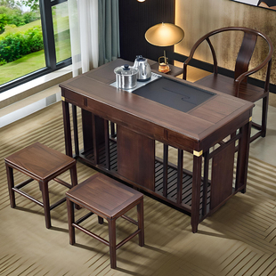 朴房茶台茶桌诧寂风胡桃色实木家用阳台休闲区小茶桌书桌两用厚重