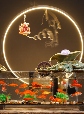 中式景观水循环转运生财玻璃鱼缸招财流水摆件办公室桌面开业礼品