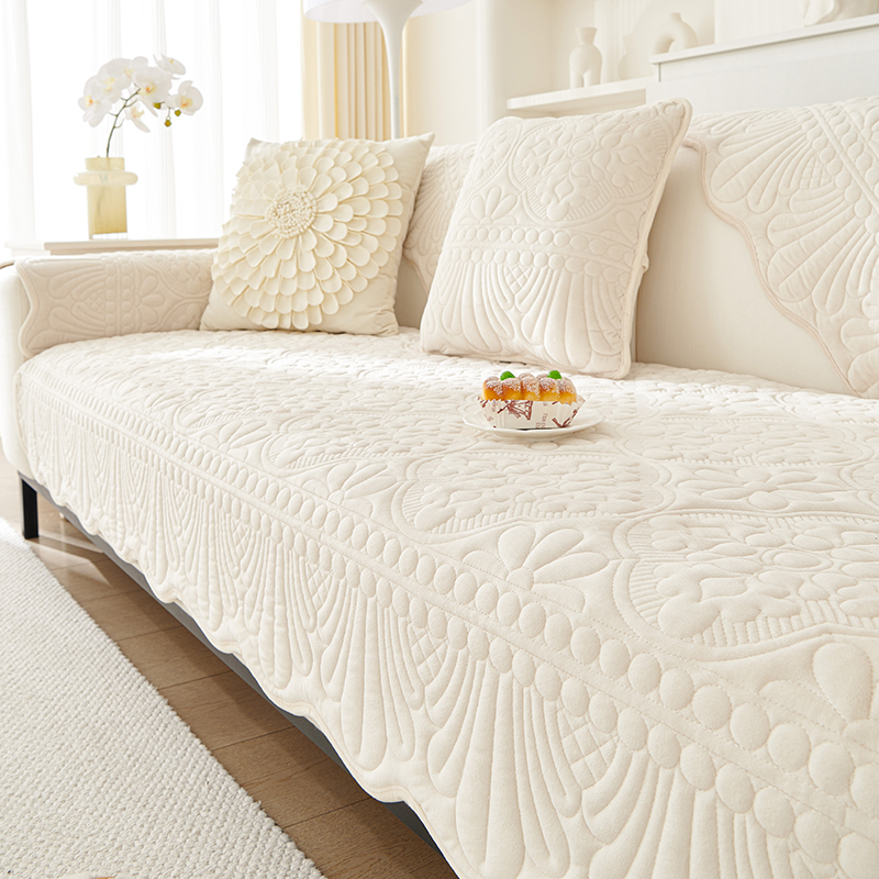 简约沙发垫冬季毛绒短毛绒坐垫垫子盖布巾防滑奶油白新款沙发罩