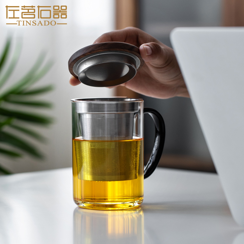左茗右器胡桃木盖子茶漏杯玻璃杯个人专用红茶杯茶水分离泡茶杯子