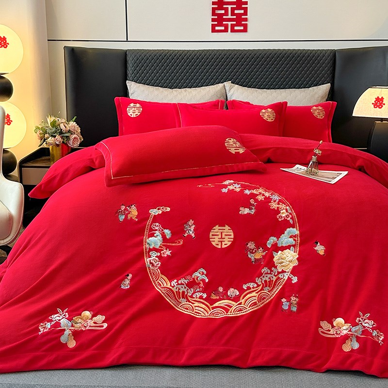 秋冬季法兰绒婚庆四件红色被面保暖婚庆被罩陪嫁床品