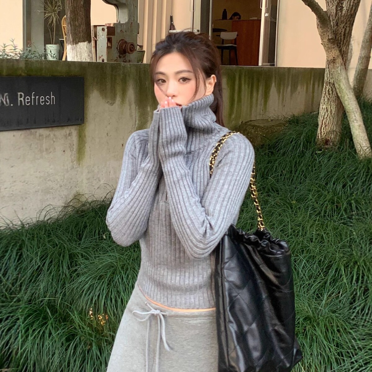 超显气质秋冬半开领短款长袖毛衣