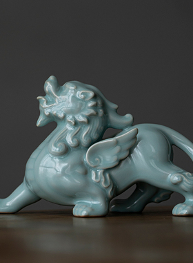 炼器汝窑貔貅摆件一对家居客厅办公室桌面装饰工艺品店铺开业送礼