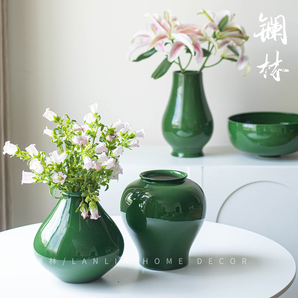 中式中古风复古绿色陶瓷花瓶插鲜花茶室客厅装饰摆件种树水培陶罐