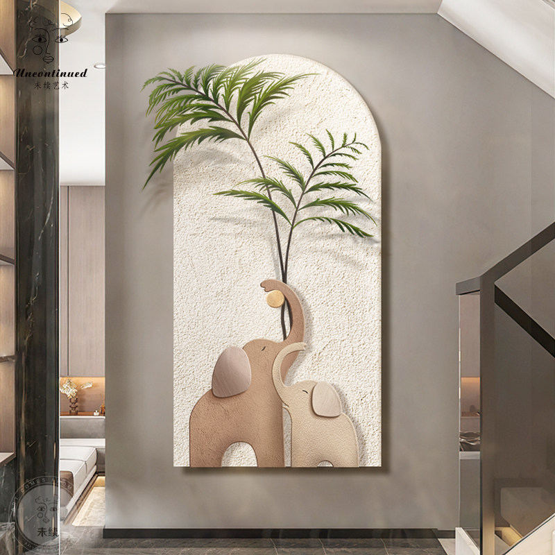 仿真绿色植物奶油风玄关装饰画大象砂岩立体入户走廊过道高级感壁