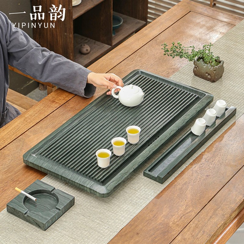 天然绿木纹石茶盘家用客厅办公乌金石材大理石茶台茶托盘杯架茶海