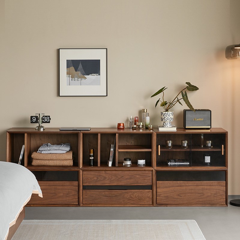北美黑胡桃木电视柜自由随意模块矮柜实木客厅落地书柜展示柜