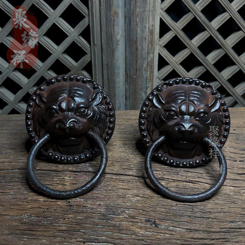 仿古大门门环中式庭院装饰复古门拉手狮子铁门环一对虎头兽头拉环