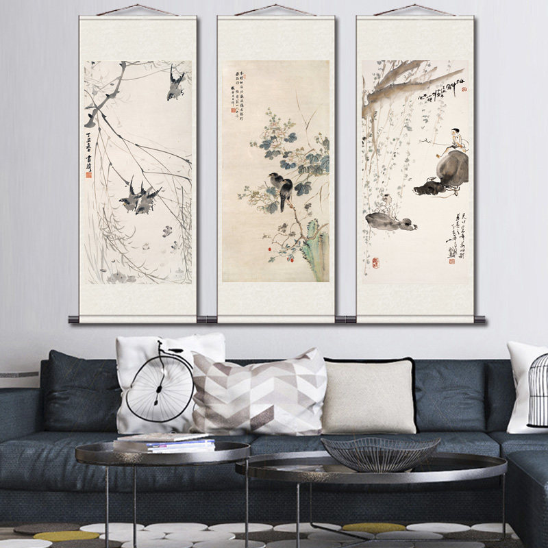 历代名家花鸟画牛图燕子挂画迎客松卷轴画绢画丝绸画高清微喷国画