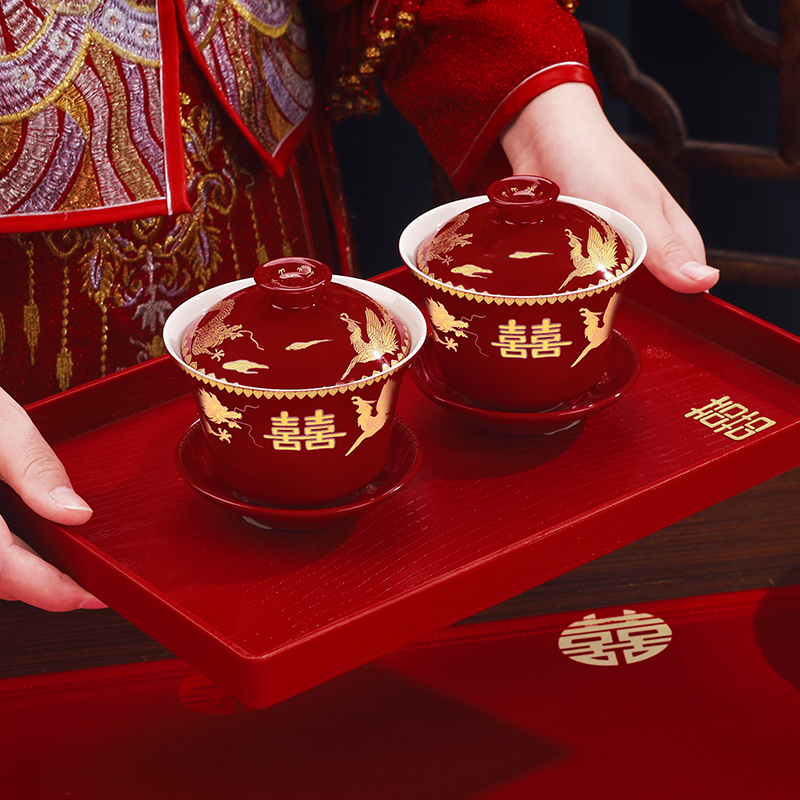 敬茶杯结婚喜碗敬酒茶杯套装红色改口茶杯一对茶具婚礼红碗筷套装