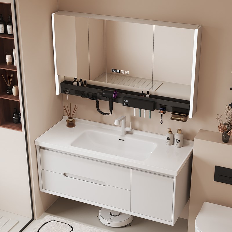卫生间橡木烤漆浴室柜组合陶瓷一体台盆智能洗手洗脸盆柜奶油风