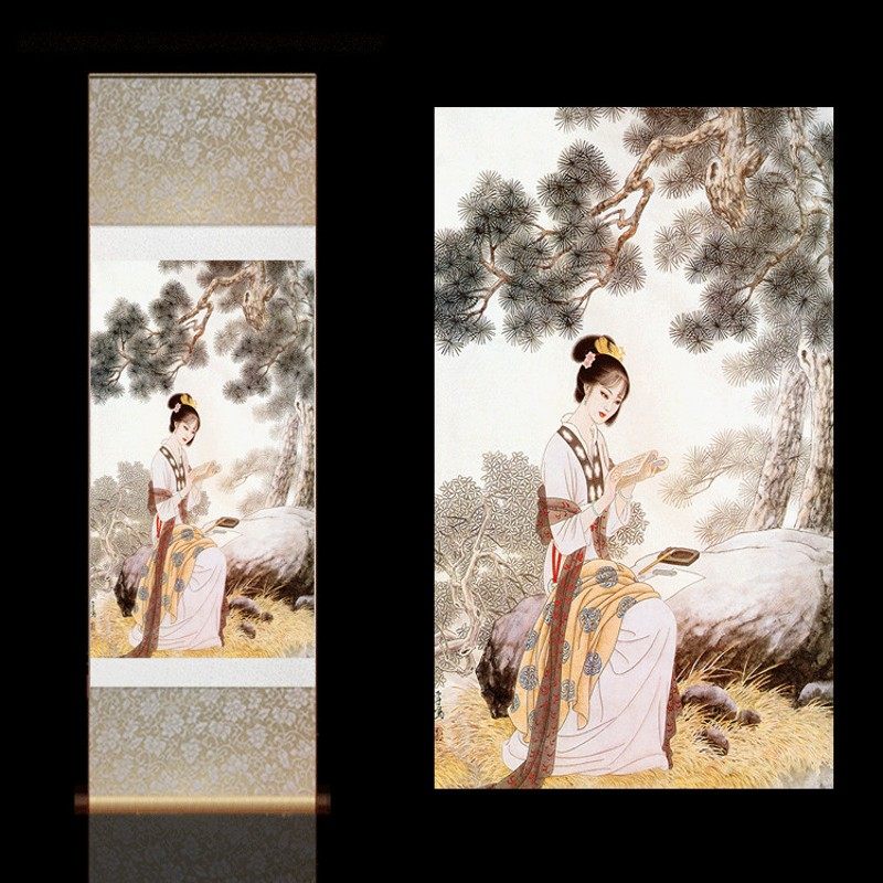 秋日松荫仕女读书图茶楼酒店装饰画琴房挂画装饰画办公室丝绸卷轴