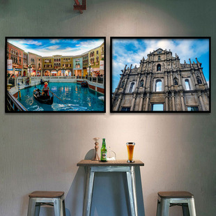 澳门城市建筑风景装饰画酒店餐厅挂画葡京赌场威尼斯人夜景墙壁画