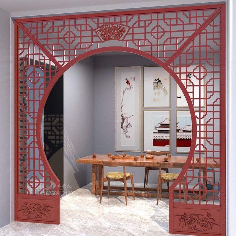 新款月洞门隔断月亮门入户雕花背景门厅屏风多宝阁墙装修X装饰别