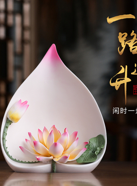 《一路连升》陶瓷莲花摆件 手工瓷花中式客厅玄关佛前装饰工艺品