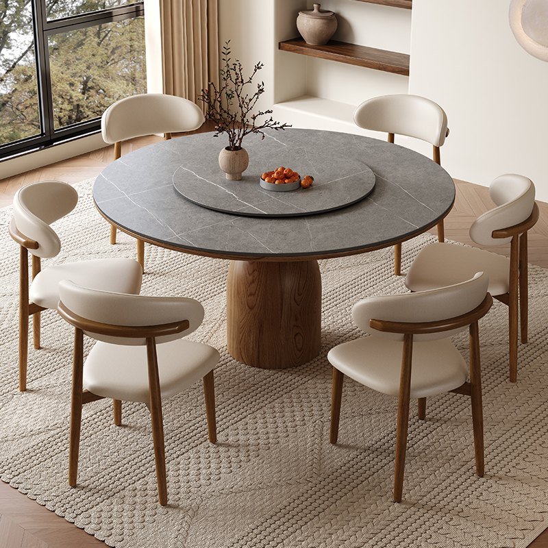 中古风全实木岩板圆桌带转盘小户型家用橡胶木黑色圆形餐桌椅组合