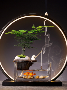 中式绿植盆栽摆件客厅玻璃小鱼缸造景地柏植物文竹办公室桌面装饰