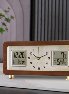 2024新款现代简约座钟实木黄铜静音家用复古桌面台式钟个性石英钟