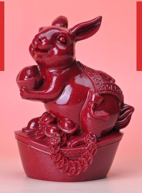 朱砂兔摆件红砂生肖兔家居客厅办公室装饰红色兔子
