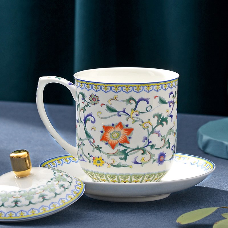 华光陶瓷 高档茶杯水杯盖杯会议杯 骨瓷杯子带盖定制 国彩天姿