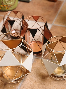 欧式铁艺艺术几何造型装饰烛台 黑色钻石款风灯工艺 经典烛台摆件