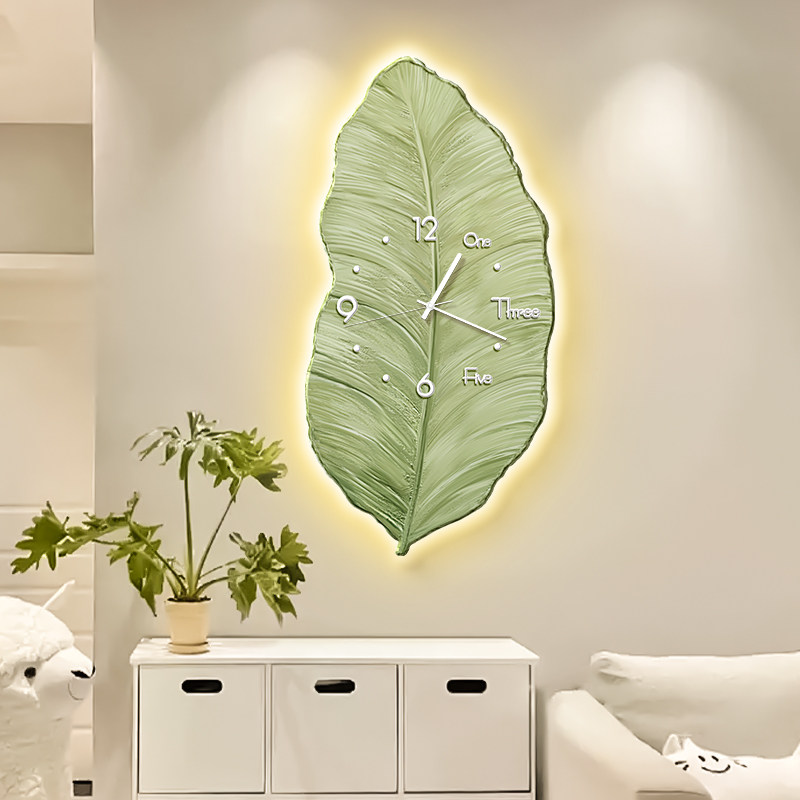 奶油风绿植客厅装饰画带钟表高级感沙发背景墙挂画创意时钟壁灯画