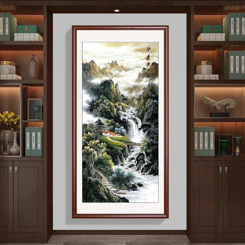 源远流长入户玄关靠山装饰画竖幅国画聚宝盆山水画中堂挂画