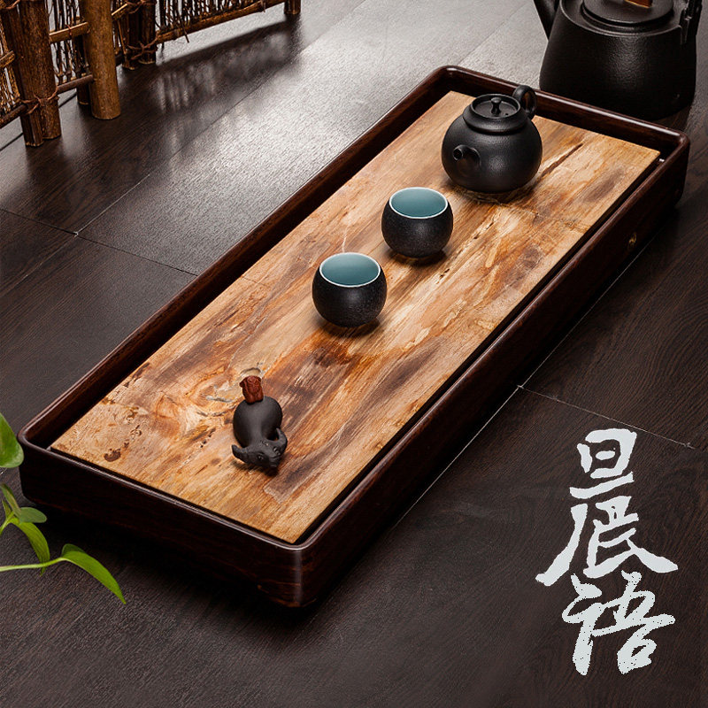 茶锦记茶具托盘家用简约实木茶盘木化石黑檀木茶台天然创意木头盘