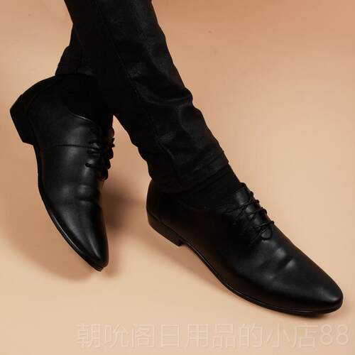 高档夏季软面高软底尖头皮鞋男韩黑软色商务正装底真皮内增休版闲