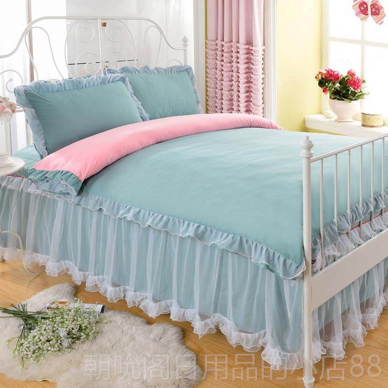 高档韩版全棉公主蕾丝床裙式四件套色纯白纱花双边人1.51./8m纯棉