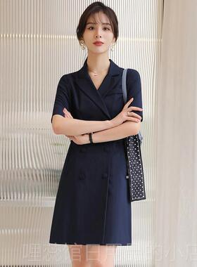 高档2025夏季新款双时排扣短袖西装质黄色衣裙尚气售楼部前台工作