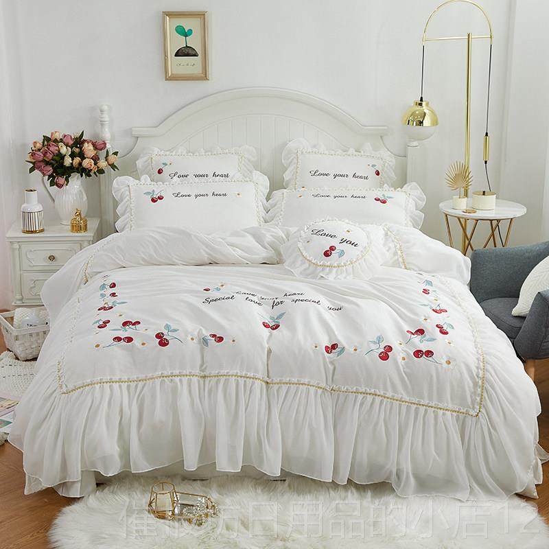 正品韩式粉色被蕾丝公主风套上四件套全棉棉少女心网红款床单床纯