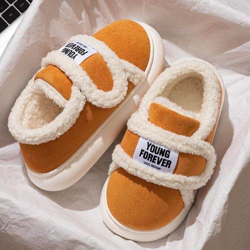 敲厚实~勃肯魔术贴踩屎感棉拖鞋冬季新款外穿厚底防滑毛绒保女士