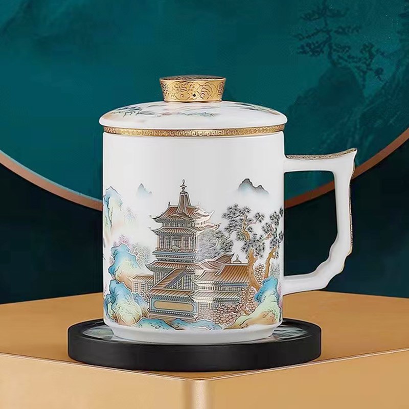 高档千里江山茶杯羊脂玉瓷杯子带盖茶水分离泡茶杯白瓷办公杯水杯