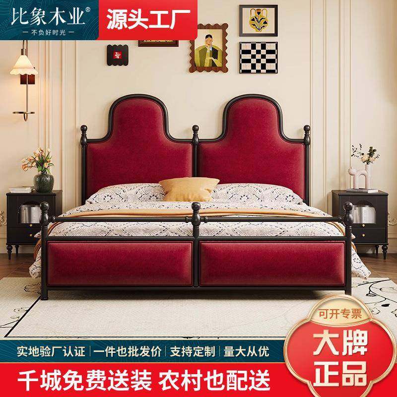 中古风绒布布皮艺床红色法式复古风主卧床1.8m双人床高箱储物软床