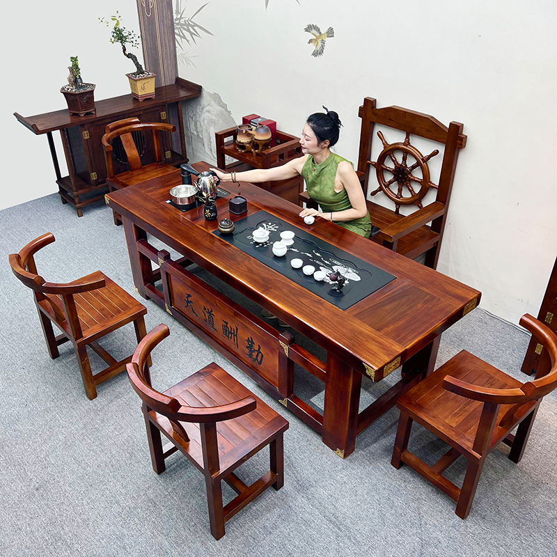 老船木茶台办公一体中式茶具家用套装客厅简约茶几方形全实木茶桌