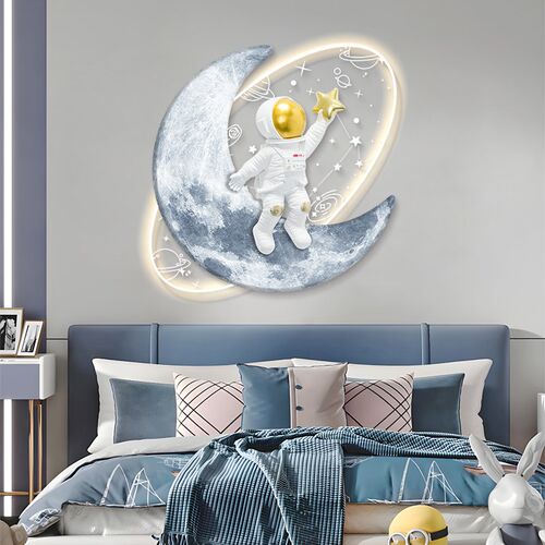登月摘星卧室儿童房装饰画现代床头背景墙壁氛围灯宇航员卡通挂画