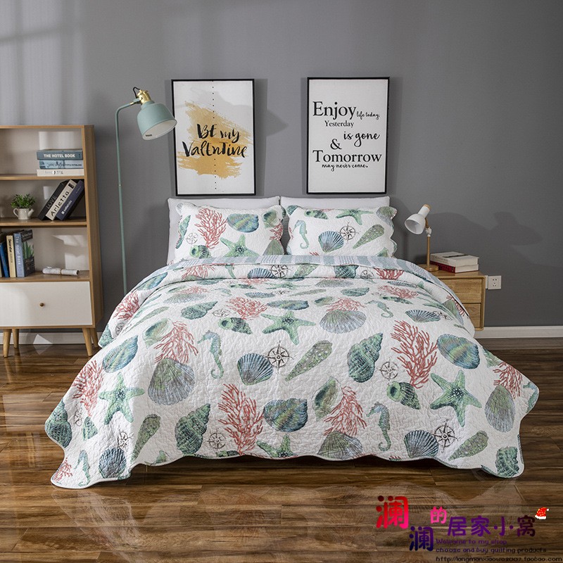清新韩式海洋海星全棉布艺绗缝床盖三件套空调被春秋薄被加厚床单