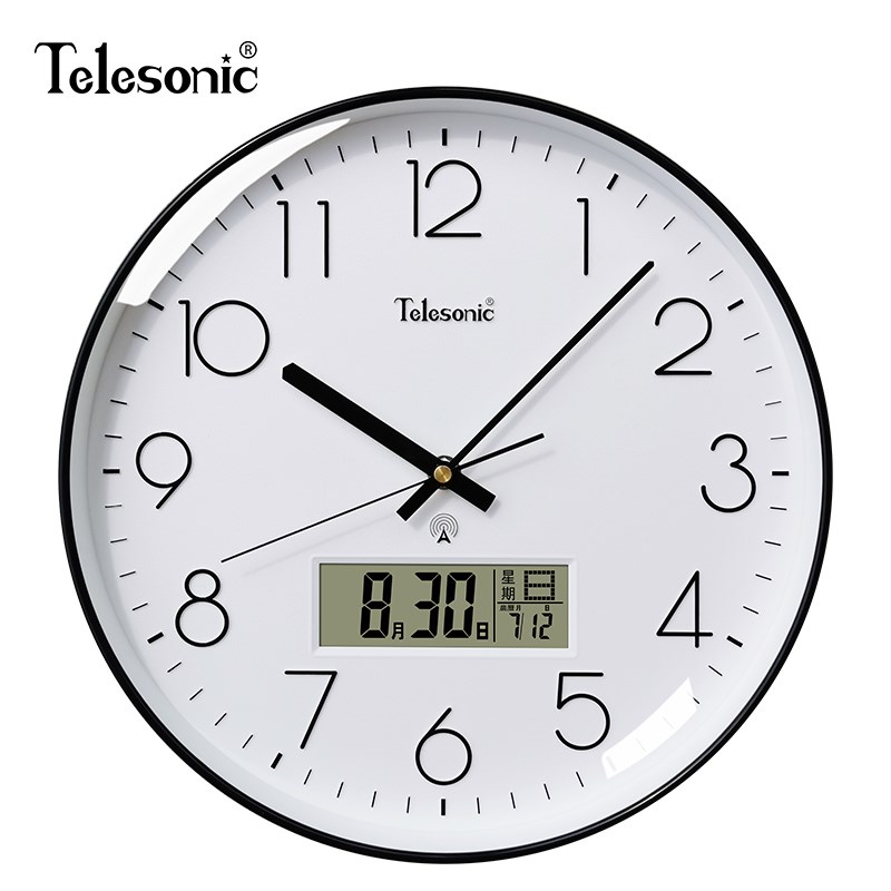 TELESONIC/天王星电波钟静音挂钟客厅圆形挂表家用时尚日历时钟表