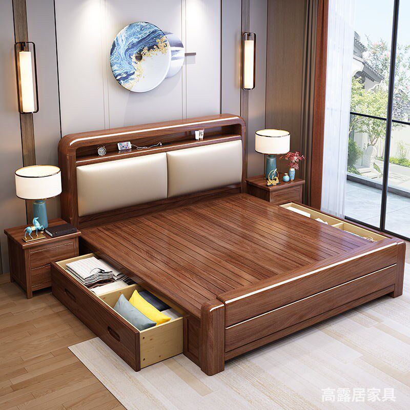 金丝胡桃木实木床现代简约主卧1.8x2米双人大床1.5米软靠婚床